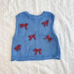 ZARA 水色リボン刺繍ニットベスト 2y