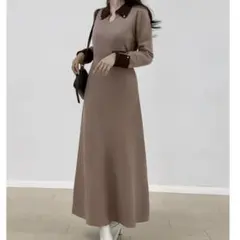 美品 JUNOAH バイカラー セミフレア ニット ロング ワンピース 長袖