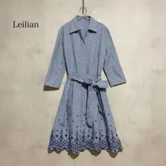 美品　レリアン Leilian ギンガムチェック 刺繍 ワンピース 9号 日本製のサムネイル