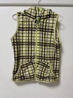 フリースフード付きチェックベスト黄緑