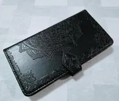 iPhone15 用 スマホケース 手帳型 浮彫曼荼羅 ブラック