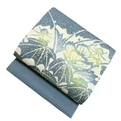 R41未着用名古屋帯 紬地 型染 花柄 落款あり 麻着物帯 仕立て上り美品 