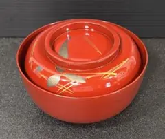 朱塗 椀 蓋付き 漆器 蒔絵 草花文様
