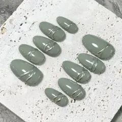 【現品】カーキ シンプル ミラーライン ネイルチップ グリーン