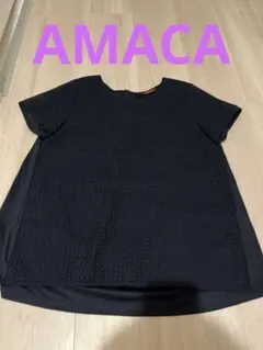【美品】AMACAアマカ 異素材コンビ レースブラウス カットソー ネイビー38のサムネイル