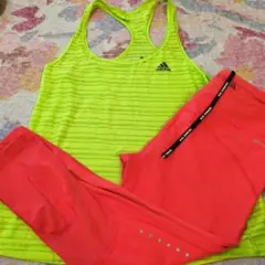 adidas 蛍光イエロー タンクトップ　オレンジトレーニングパンツ