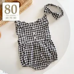 80｜ブラック〔リボン付きチェック柄ロンパース〕フリルヘアバンド子供ベビー女の子