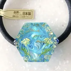 六角形⌘ マーブル模様×ミモザ お花 キラキラ レジン ヘアゴム 春