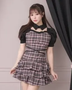 pium 半袖ビジューカーデ×チェックワンピセット ピンク×ブラック