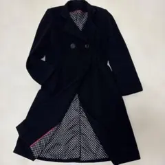 美品【裏地ドット】ダブルブレスト ロングコートM 黒　ウール　膝下丈　女優襟