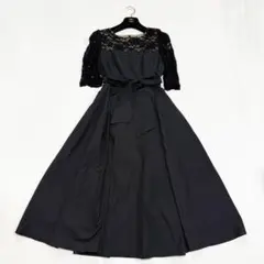 【美品✨】エメ　レース×ライトグログラン6分袖ミモレワンピースドレス　Sのサムネイル