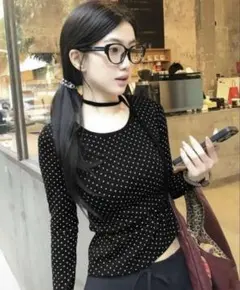 SHEIN 水玉　ドット　チョーカー　リボン　黒　tシャツ 長袖