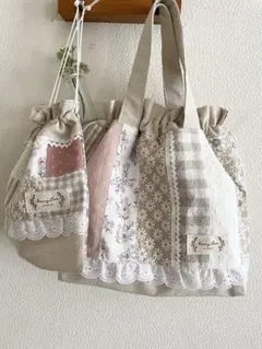 ♪ハンドメイド♪ 巾着トートバッグ＆巾着袋セット ＊春色ナチュラルパッチとレース