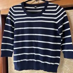 UNIQLO ネイビー/ホワイト ストライプ 五分袖ニットMサイズ