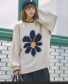 【MONOMART】フラワージャガードニットプルオーバー　アイボリー