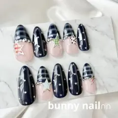 【オーダー】ネイルチップ　ネイビーネイル　星ネイル　ボーダーネイル　海外ネイル