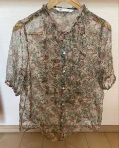 ZARA フラワープリントシアー半袖ブラウス XS