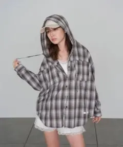 レイカズンRAY CASSINオーバーサイズフード付きチェック/レースシャツ