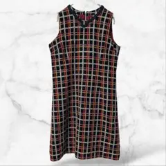 ノースリーブVネックワンピース チェック 総柄 レディース Aライン 刺繍