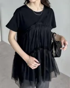 【Re:EDIT】チュールレイヤード 半袖Tシャツ ブラック Mサイズのサムネイル