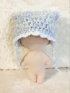 ぬいぐるみ用　ヘッドドレス　ボンネット　猫耳ニット帽　ブルー系×リボン