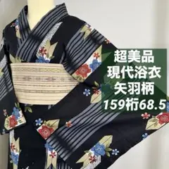 超美品 現代浴衣 綿 夏物 163裄68 黒 ベージュ 葡萄柄 縦絽 そしてゆめ