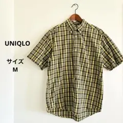 ユニクロ　イエロー×ネイビー チェック柄 半袖ボタンダウンシャツ　サイズM