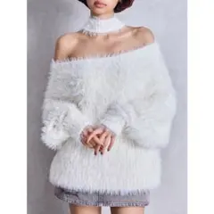 2WAYシャギーチョーカーニットトップス　ホワイト