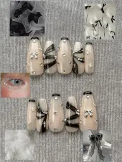 ネイルチップ　リボンスナ系フレンチドット韓国シンプルニュアンス