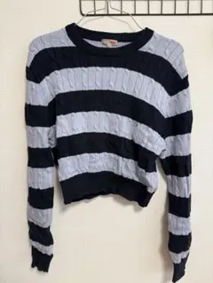 韓国　SPAO ケーブルニット ボーダー 長袖 クロップド丈