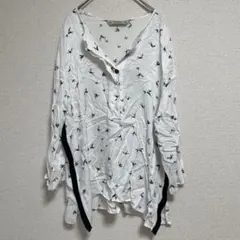 ZARA BASIC ブラウス 鳥柄 総柄 ホワイト 長袖 EUR L
