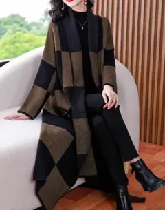 新品　未使用　ビッグチェック ロングコート　暖かコート　カーディガンロングコート