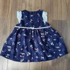 ネイビー 花柄　リボンノースリーブ ワンピース　べべ　80 70