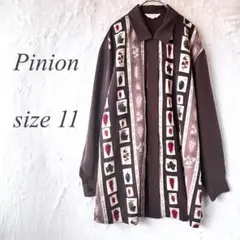 Pinion長袖シャツ 11 ブラウン リーフ柄 レトロ 日本製 柄シャツ815
