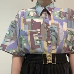 メンズ 紫系 アート柄 ヴィンテージ 半袖 柄シャツ ポリシャツ