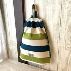 ハンドメイド.グリーン系.ボーダー柄.巾着大きめ
