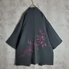 vintage 古着 kimono 着物カーディガン 羽織り 椿 花柄 ブラック 