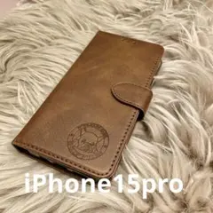 iPhone15pro 手帳型スマホケース　レザー　茶　フレブルロゴ　シンプル