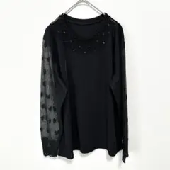 シアー カットソー 長袖シャツ 袖レース ポリエステル100% ブラック無地黒