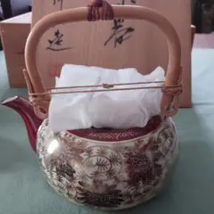 未使用レトロ 九谷焼急須と蓋付き湯呑み5客セット 金彩 洋山作 木箱入