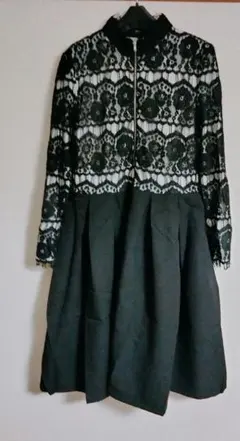 【未着用】レースワンピース　 黒　前ファスナー　長袖　Lサイズ　パーティーにも