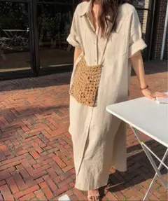 ナチュラル リネン風 ロングシャツワンピース 半袖のサムネイル