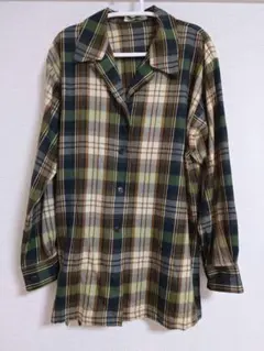 オンワード樫山 長袖シャツ　緑　チェック　ニューウール100%