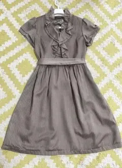 フレンチスリーブシフォンワンピース　ウエストリボン　ストライプ