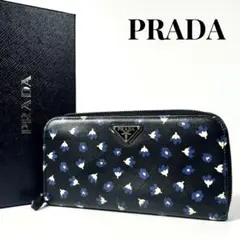 レア✨プラダ 長財布 ラウンドファスナー サフィアーノレザー 花 総柄 黒
