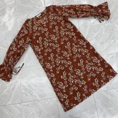 AULI 花柄 ワンピース 長袖 ブラウン 袖リボン付き オシャレ 可愛い