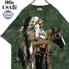 90sヴィンテージUSA古着 ザマウンテン タイダイ柄Tシャツ 緑 L アニマル