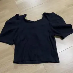 スパイラルガール　黒いリブ編み半袖トップス
