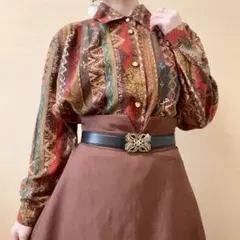 アソート柄 デザインストライプ 柄シャツ ブラウス 昭和レトロ ヴィンテージ 赤