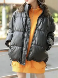 WEGO フェイクレザーエコダウンジャケット　ユニセックス 革 黒 ブラック